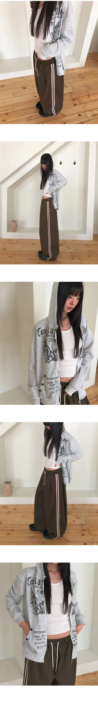 Hummus Lettering Print Stripe Color Block Snap Button Long Sleeve Hooded Zip-Up