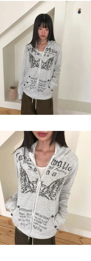 Hummus Lettering Print Stripe Color Block Snap Button Long Sleeve Hooded Zip-Up