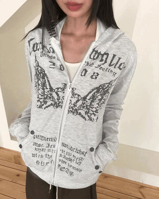 Hummus Lettering Print Stripe Color Block Snap Button Long Sleeve Hooded Zip-Up