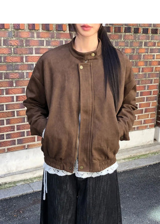 Shy Suede No-Collars Snap Button Zipper Pocket Blouson Jacket