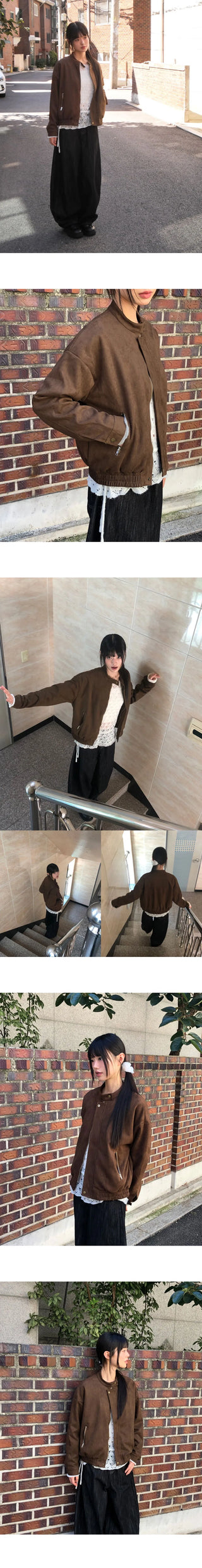 Shy Suede No-Collars Snap Button Zipper Pocket Blouson Jacket