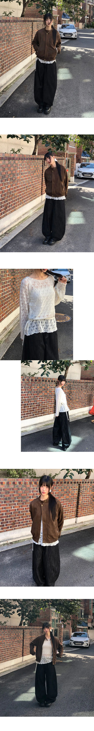 Shy Suede No-Collars Snap Button Zipper Pocket Blouson Jacket