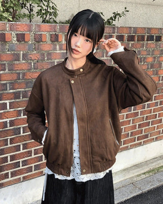 Shy Suede No-Collars Snap Button Zipper Pocket Blouson Jacket