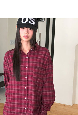 Mutt check pattern collar pocket oversized long-sleeved shirt