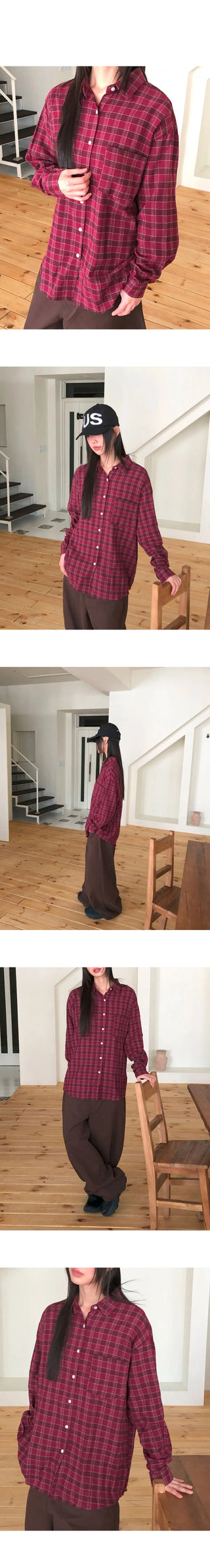 Mutt check pattern collar pocket oversized long-sleeved shirt