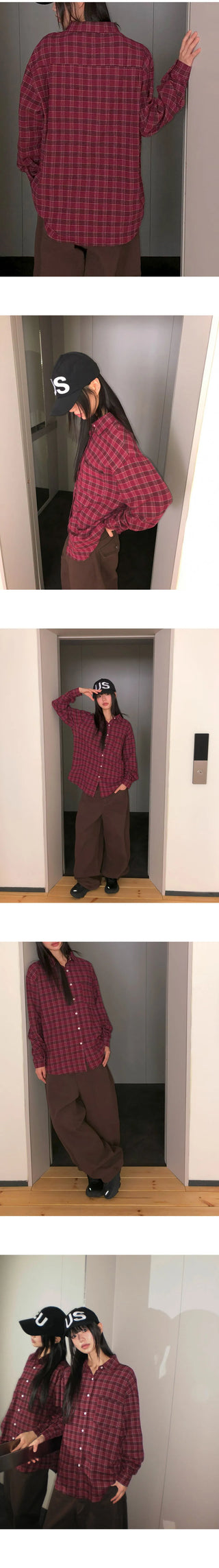 Mutt check pattern collar pocket oversized long-sleeved shirt