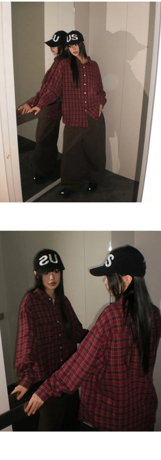 Mutt check pattern collar pocket oversized long-sleeved shirt