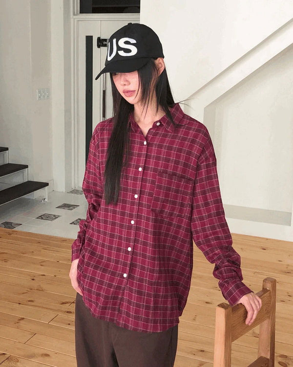 Mutt check pattern collar pocket oversized long-sleeved shirt