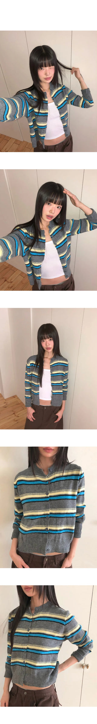 Runley Striped Shibori Round Neck Long Sleeve Cardigan