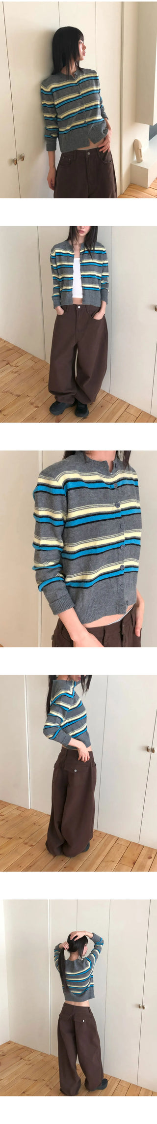 Runley Striped Shibori Round Neck Long Sleeve Cardigan