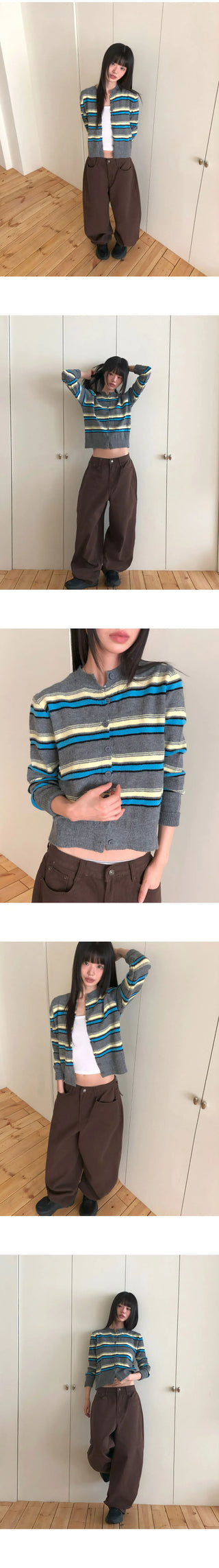 Runley Striped Shibori Round Neck Long Sleeve Cardigan