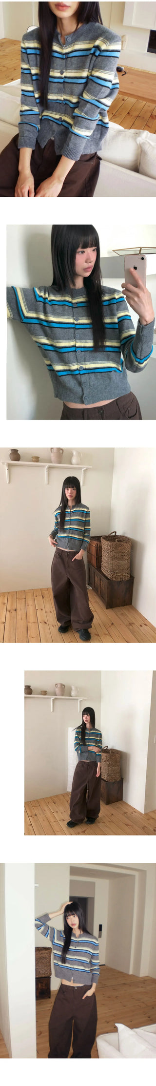 Runley Striped Shibori Round Neck Long Sleeve Cardigan