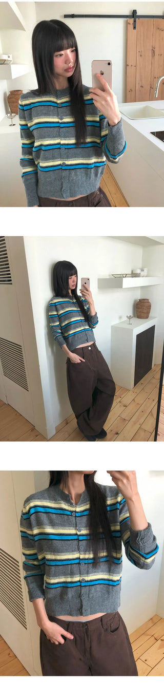 Runley Striped Shibori Round Neck Long Sleeve Cardigan