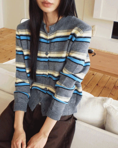 Runley Striped Shibori Round Neck Long Sleeve Cardigan