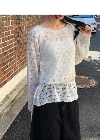 Ui punching ribbon strap round neck see-through long-sleeved knitwear