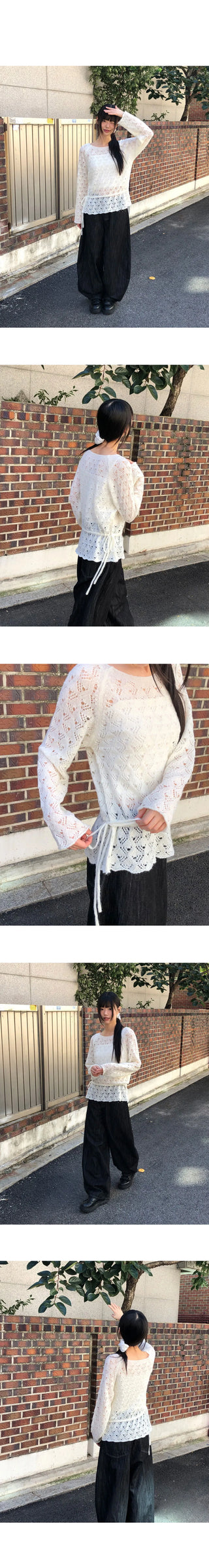 Ui punching ribbon strap round neck see-through long-sleeved knitwear