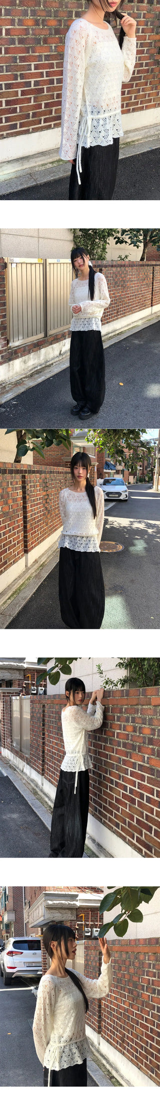 Ui punching ribbon strap round neck see-through long-sleeved knitwear