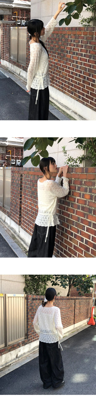 Ui punching ribbon strap round neck see-through long-sleeved knitwear