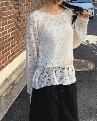 Ui punching ribbon strap round neck see-through long-sleeved knitwear