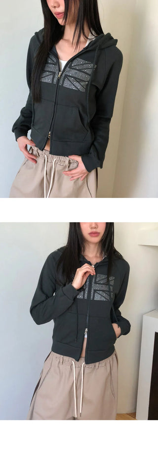 Jibil Cubic Printed Stars and Stripes Crop Long Sleeve Hooded Zip-Up