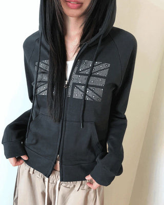 Jibil Cubic Printed Stars and Stripes Crop Long Sleeve Hooded Zip-Up