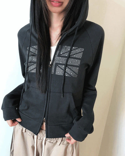 Jibil Cubic Printed Stars and Stripes Crop Long Sleeve Hooded Zip-Up