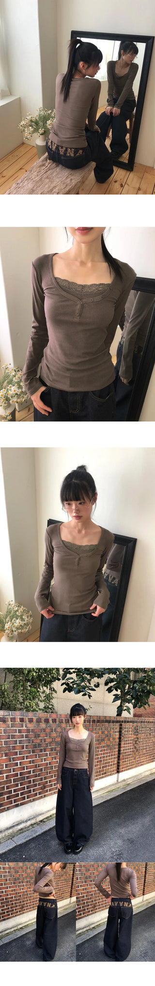 Newbe lace point button Ribbed long sleeve t-shirt