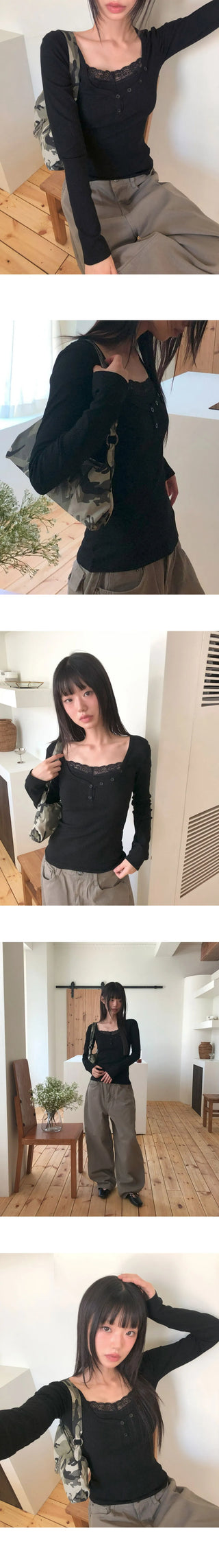 Newbe lace point button Ribbed long sleeve t-shirt
