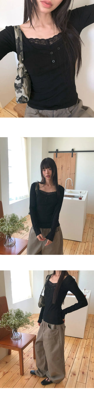 Newbe lace point button Ribbed long sleeve t-shirt