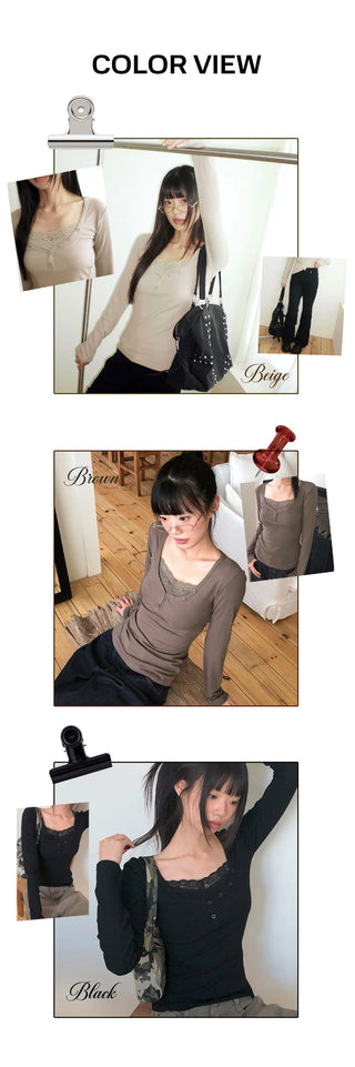 Newbe lace point button Ribbed long sleeve t-shirt