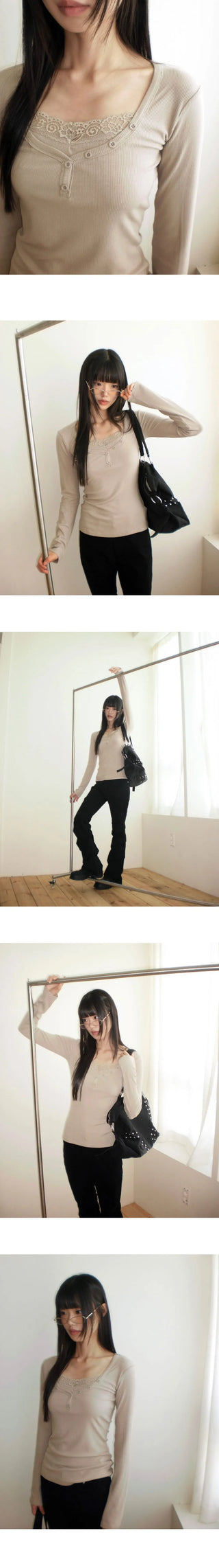 Newbe lace point button Ribbed long sleeve t-shirt