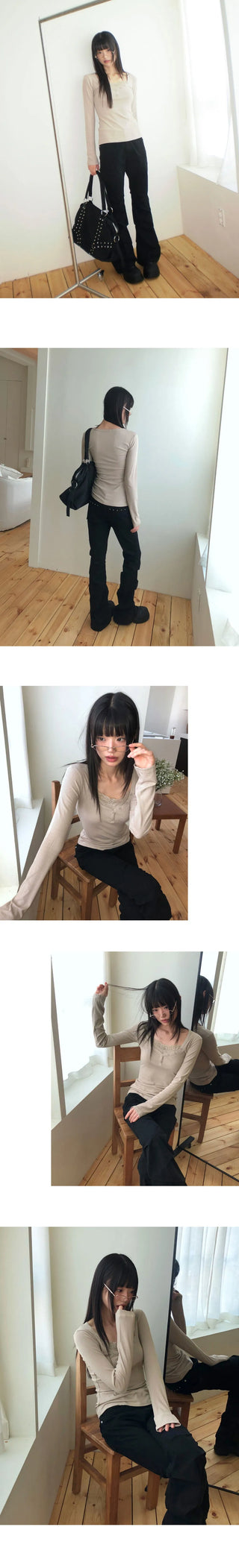 Newbe lace point button Ribbed long sleeve t-shirt