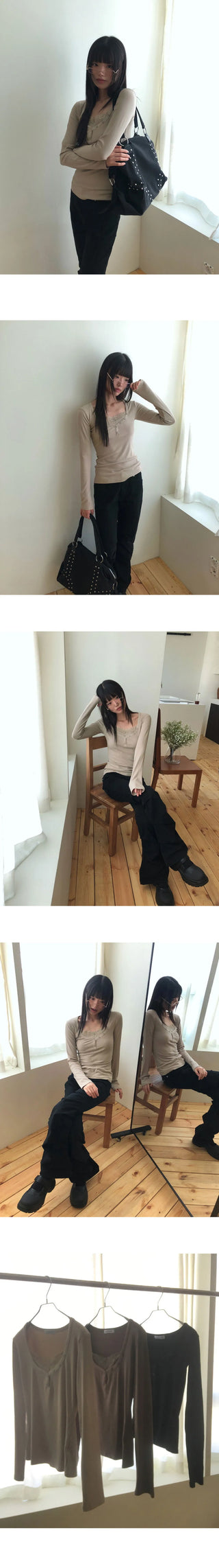 Newbe lace point button Ribbed long sleeve t-shirt