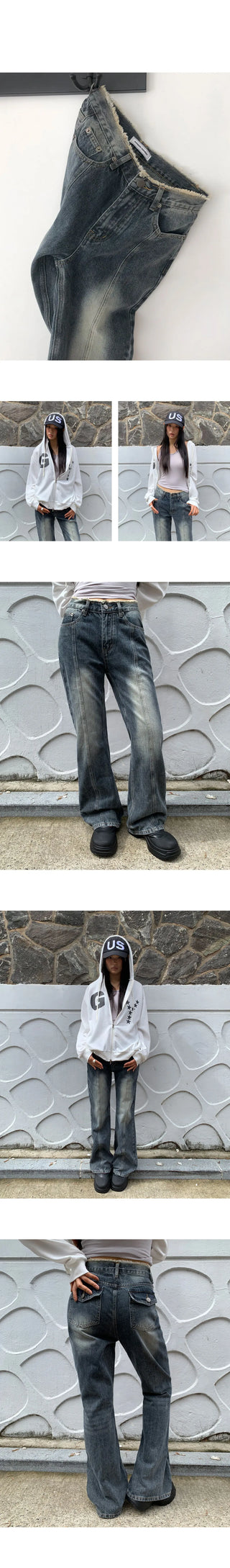 Ruhe Split surgery pocket denim Faded semi Flared long pants