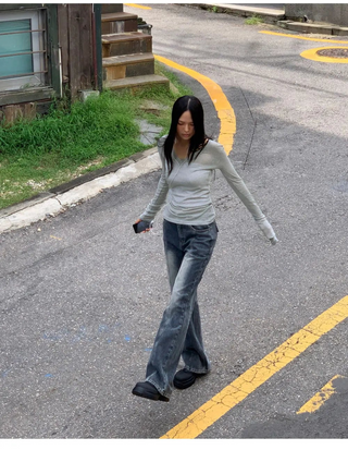 Ruhe Split surgery pocket denim Faded semi Flared long pants