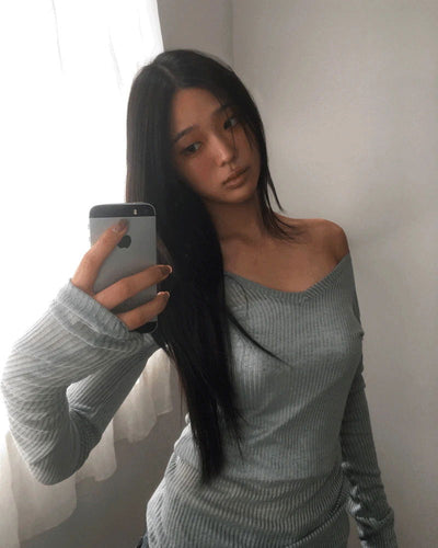 Linen Ribbed V-Neck See-through Long Sleeve T-Shirt