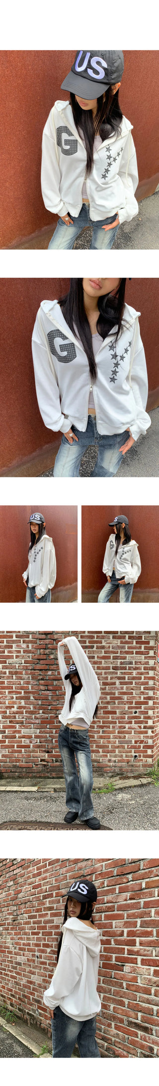 Kuhi Printing Strap Two-Way Zipper Loose Loose-fit Hooded Zip-Up