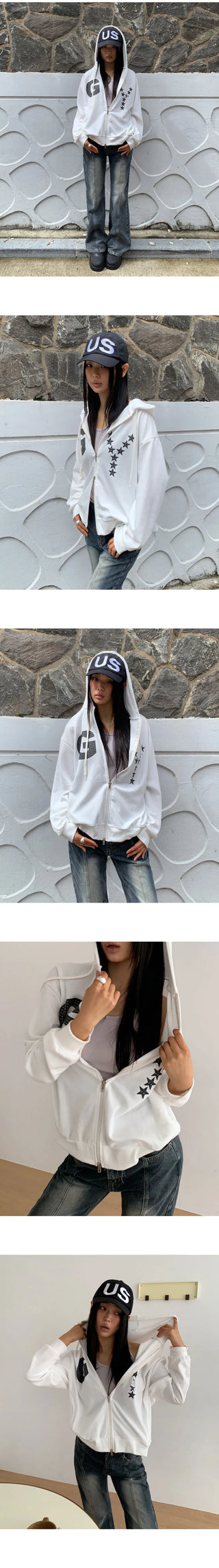 Kuhi Printing Strap Two-Way Zipper Loose Loose-fit Hooded Zip-Up