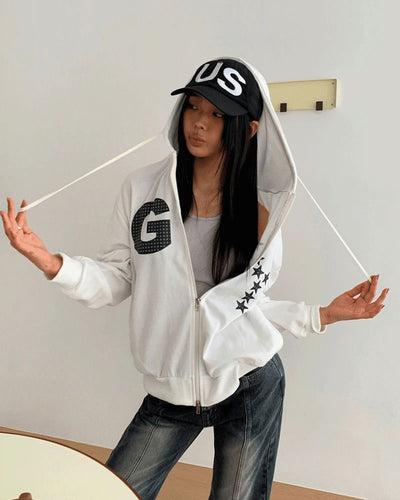 Kuhi Printing Strap Two-Way Zipper Loose Loose-fit Hooded Zip-Up