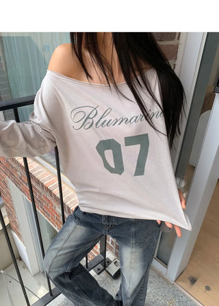 Marill Number Lettering Printed One-Off Shoulder Long Sleeve T-Shirt