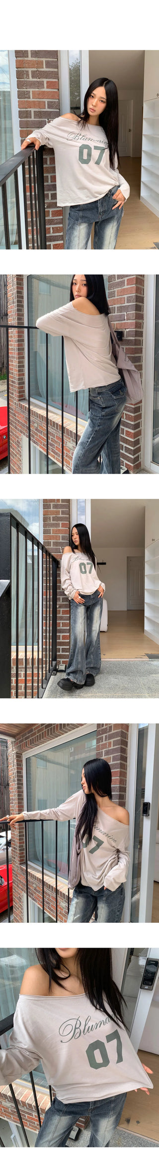 Marill Number Lettering Printed One-Off Shoulder Long Sleeve T-Shirt