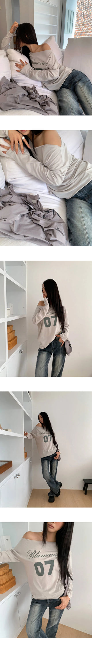 Marill Number Lettering Printed One-Off Shoulder Long Sleeve T-Shirt