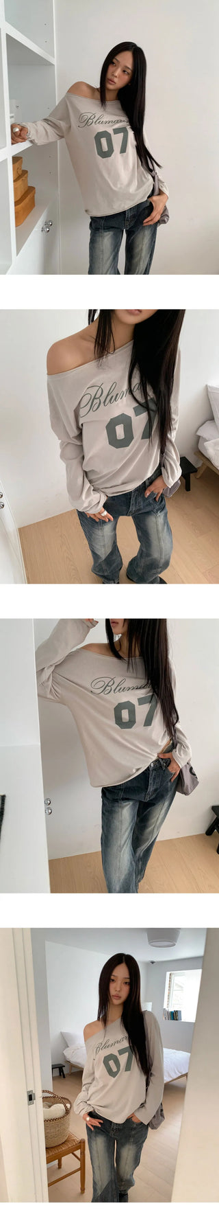 Marill Number Lettering Printed One-Off Shoulder Long Sleeve T-Shirt