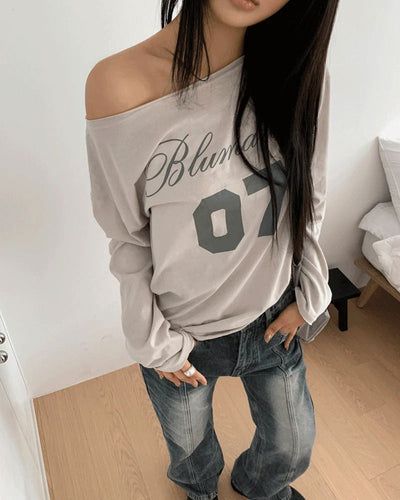 Marill Number Lettering Printed One-Off Shoulder Long Sleeve T-Shirt