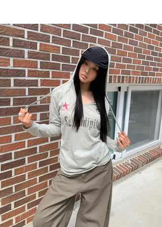 Dir lettering printed color block strap long-sleeved hooded T-shirt