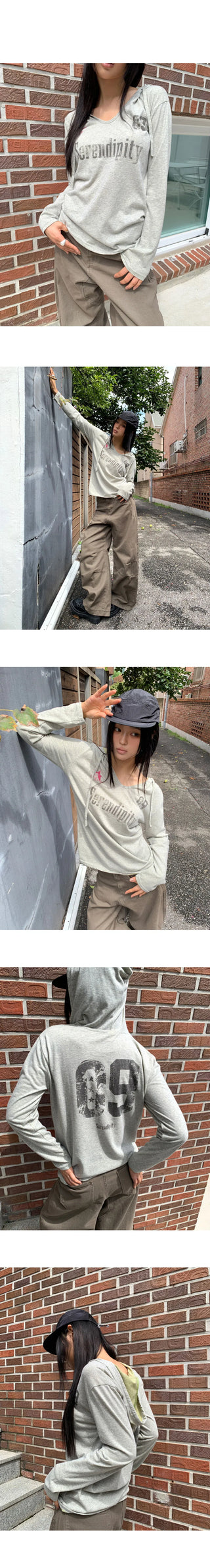 Dir lettering printed color block strap long-sleeved hooded T-shirt