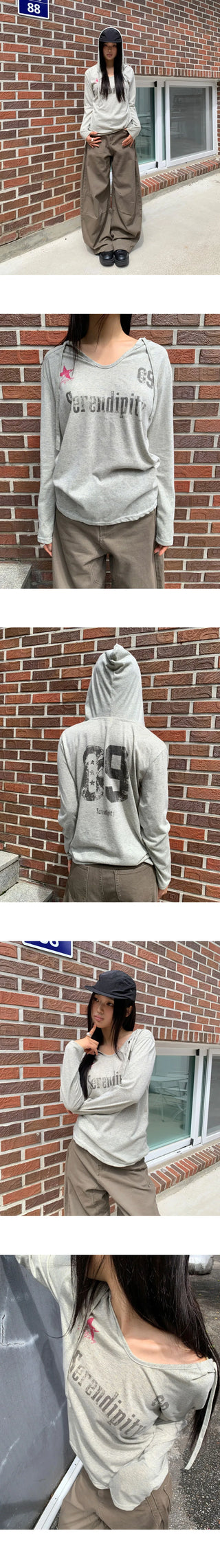 Dir lettering printed color block strap long-sleeved hooded T-shirt