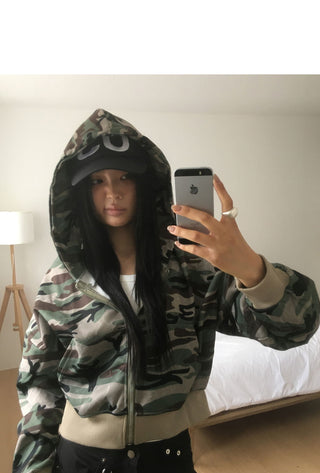 E-Ring Military Camo Pocket Crop Long Sleeve Hooded Zip-Up
