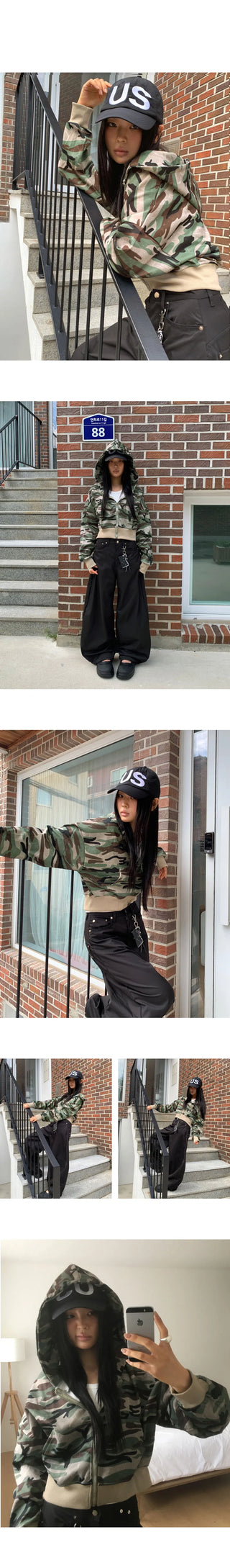 E-Ring Military Camo Pocket Crop Long Sleeve Hooded Zip-Up