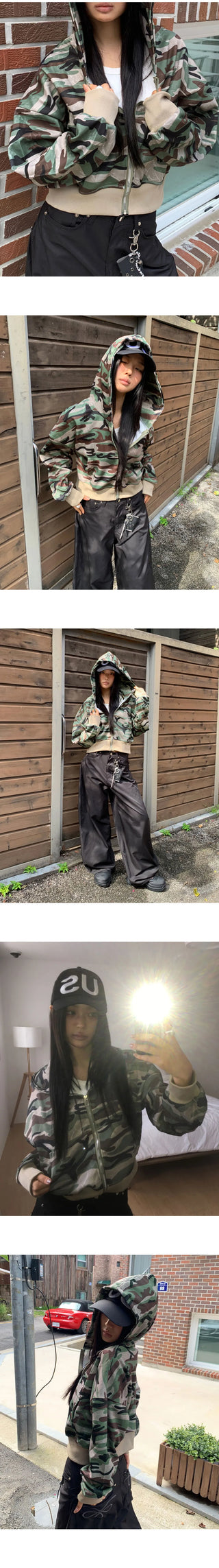 E-Ring Military Camo Pocket Crop Long Sleeve Hooded Zip-Up